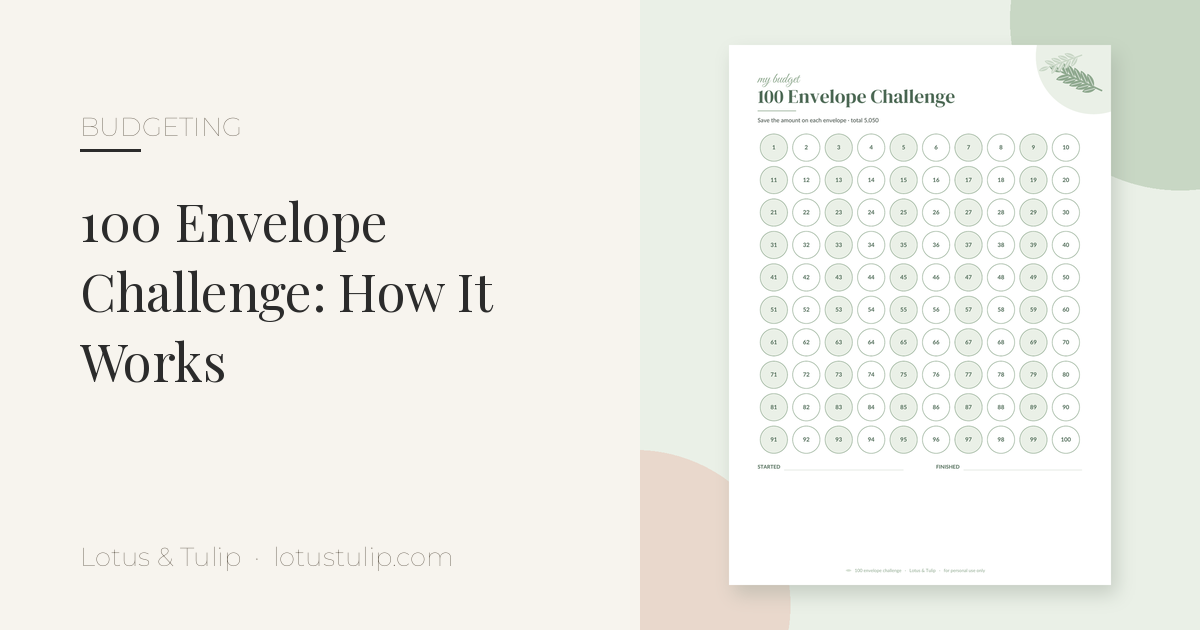100 envelope challenge printable: sage green tracker page with 100 numbered circles to colour in, from the Lotus & Tulip Cash Budget Bundle