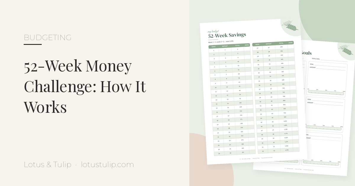 52-week money challenge printable: sage green 52-Week Savings tracker with week, deposit, running total and done columns up to 1,378, from the Lotus & Tulip Cash Budget Bundle