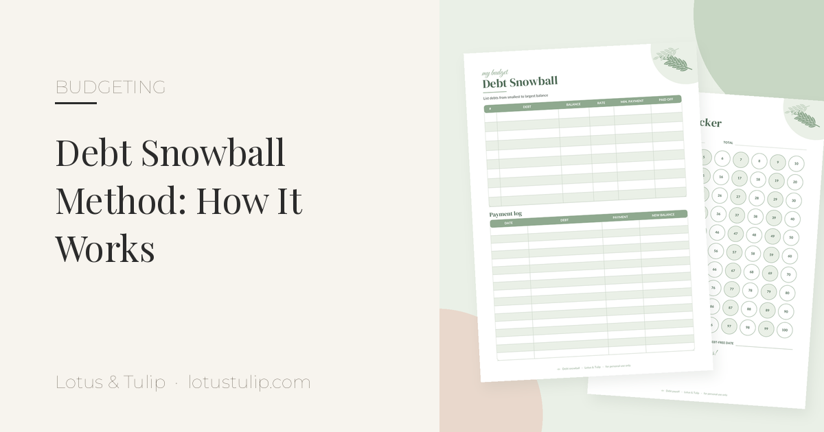 Debt snowball printable: sage green debt snowball list with payment log and a 100-circle debt payoff tracker from the Lotus & Tulip Cash Budget Bundle