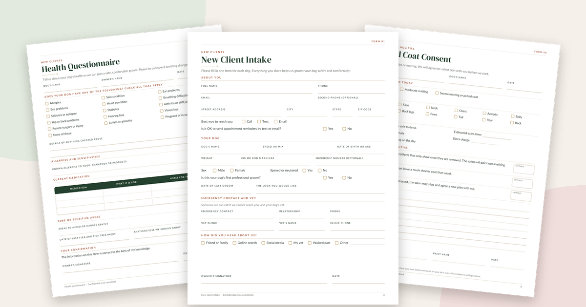 Dog grooming client forms: printable New Client Intake, Health Questionnaire and Matted Coat Consent pages from the Lotus & Tulip Dog Grooming Client Forms