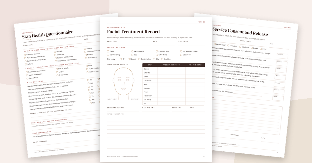 Esthetician client forms: printable Skin Health Questionnaire, Facial Treatment Record and Facial Service Consent pages from the Lotus & Tulip Esthetician Client Forms