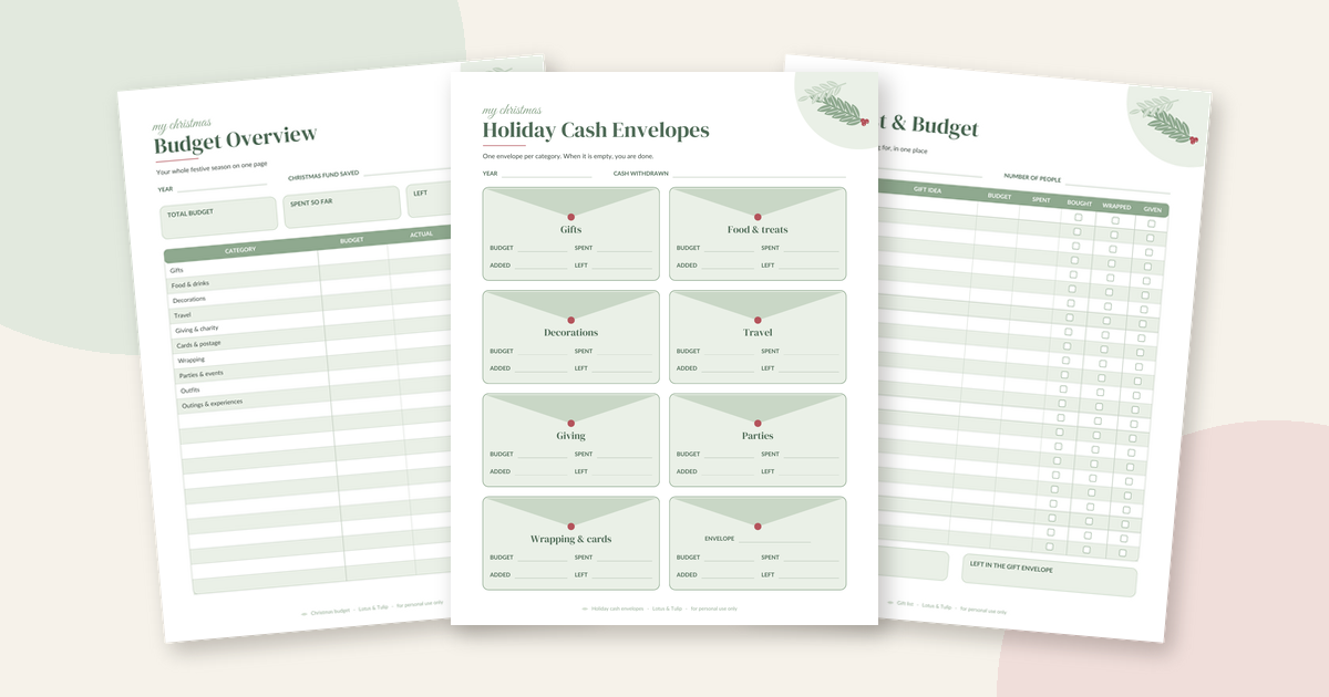 Christmas budget printable pages: a Budget Overview, Holiday Cash Envelopes with eight envelope boxes and a Gift List and Budget, from the Lotus & Tulip Christmas Cash Budget Bundle