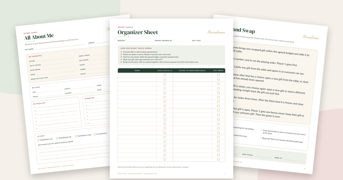 How to organize a Secret Santa: printable Secret Santa Organizer Sheet, All About Me questionnaire and Steal and Swap gift swap rules, from the Lotus & Tulip Friendsmas Party Pack