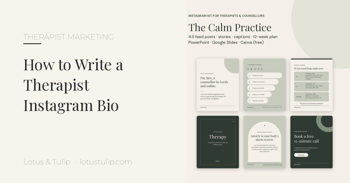 Therapist Instagram bio guide: mockup of The Calm Practice Instagram templates for counsellors