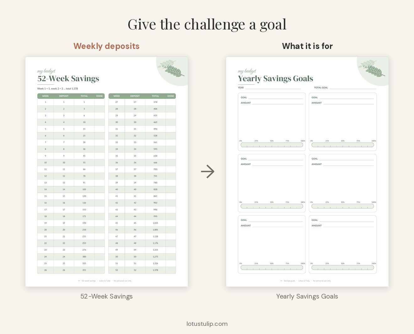 52-week savings challenge printable next to a Yearly Savings Goals page