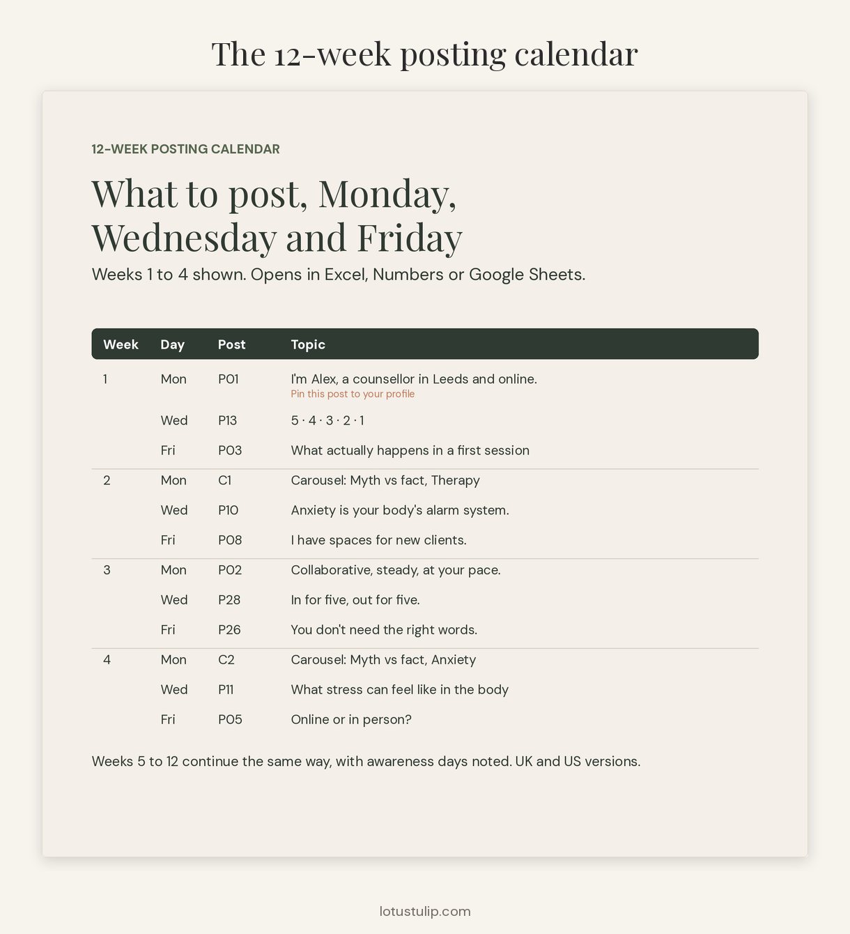 Therapist 12-week Instagram posting calendar spreadsheet with week, day, template, topic and notes columns