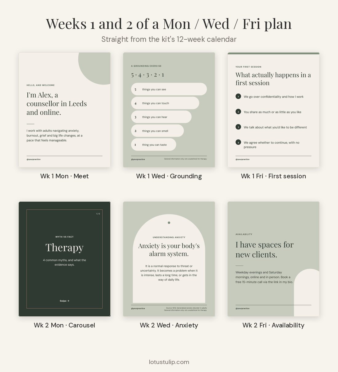 Weeks 1 and 2 of a therapist Instagram content calendar on Monday, Wednesday and Friday: meet the therapist, grounding exercise, first session, myth-vs-fact carousel, anxiety and availability