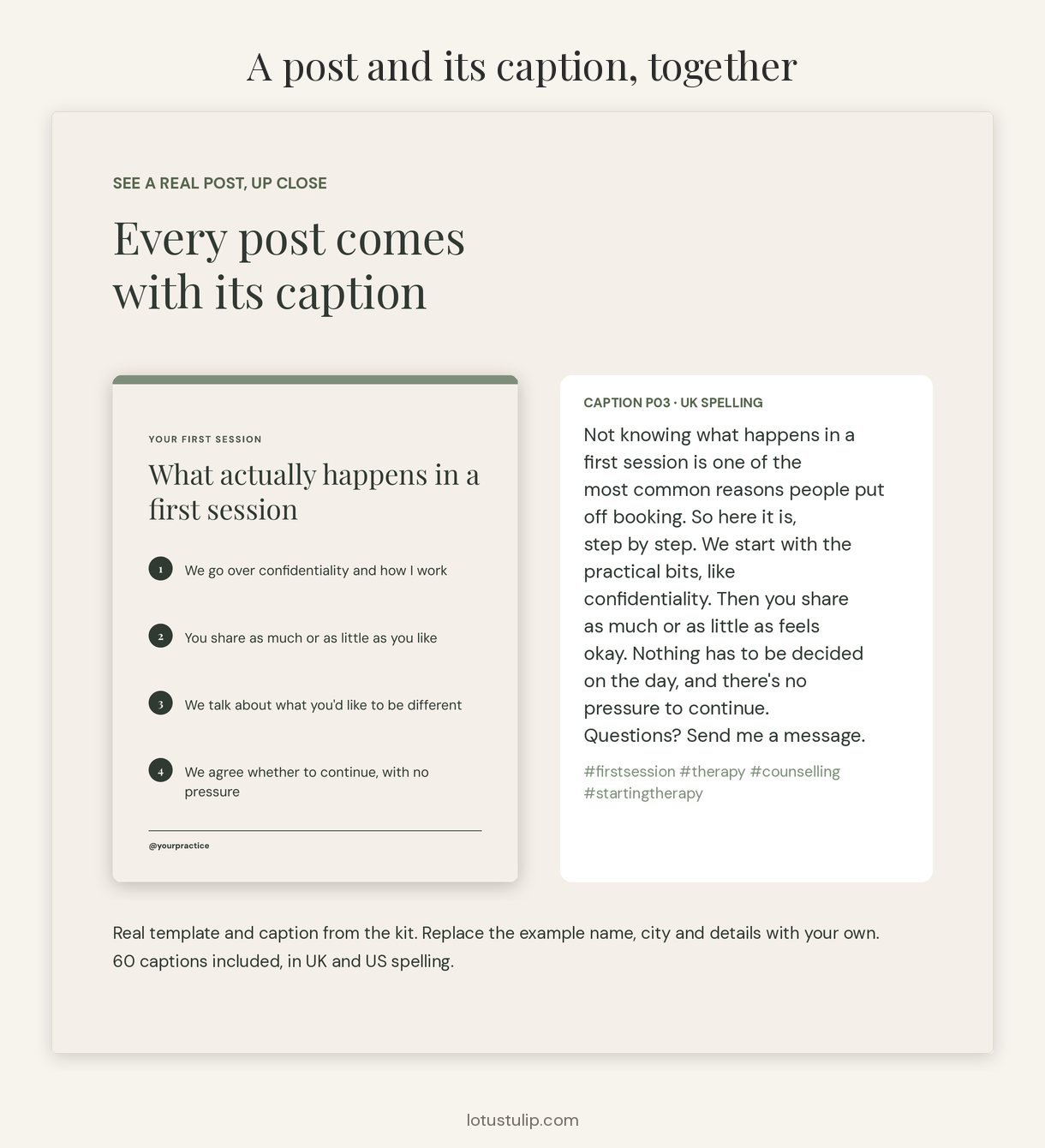 A Calm Practice therapist Instagram post shown next to its written caption, with hook, body and crisis footer
