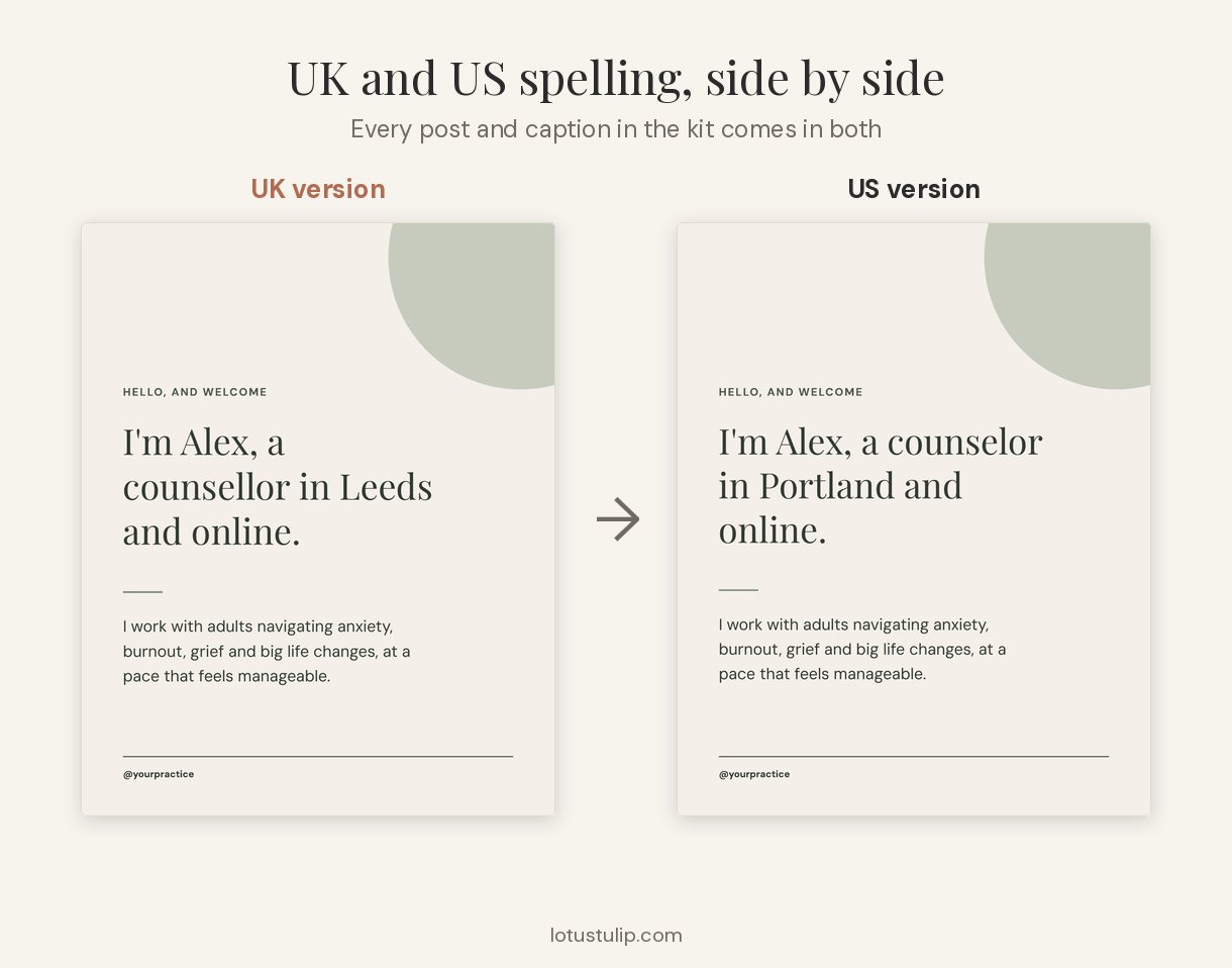 The same therapist Instagram post in UK and US spelling side by side, counsellor versus counselor