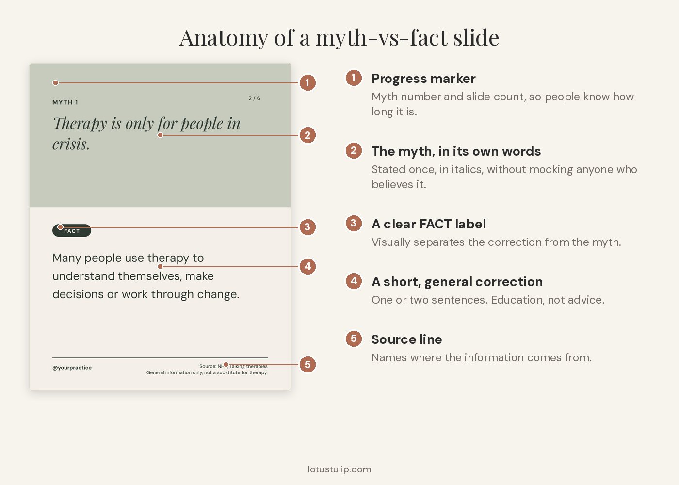 Annotated therapist myth-vs-fact carousel slide: progress marker, myth in italics, FACT label, a short correction and a source line