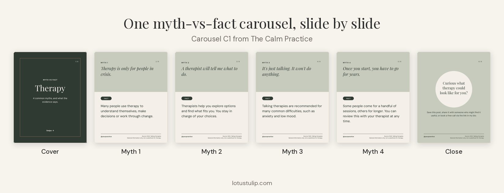 A therapist myth-vs-fact Instagram carousel slide by slide: Therapy cover, four myth slides and a closing slide