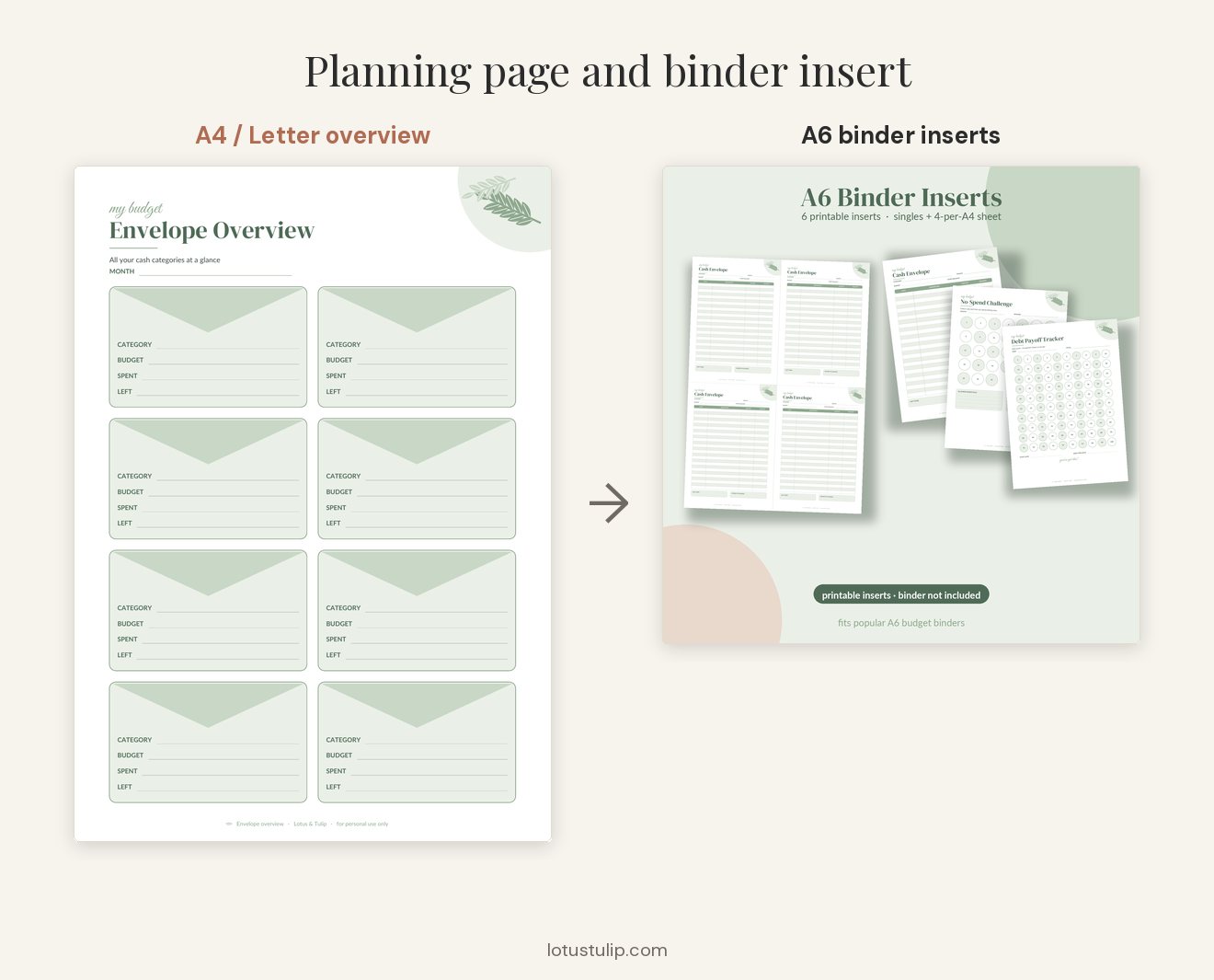Cash stuffing printables: an Envelope Overview planning page and A6 cash envelope inserts for a budget binder