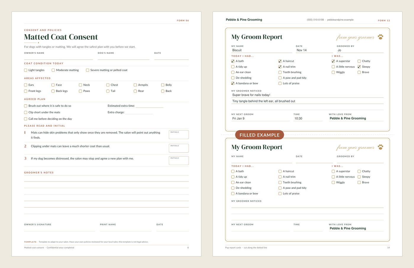 Two real pages from the Lotus and Tulip Dog Grooming Client Forms: a blank Matted Coat Consent template with coat condition, areas affected and agreed plan, and a My Groom Report card filled in with sample text and marked Filled Example