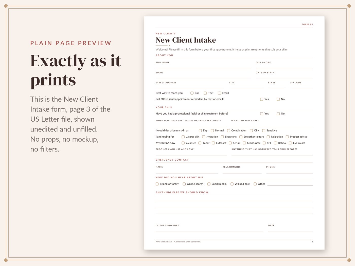 Plain, unedited page preview of the New Client Intake form from the Lotus and Tulip Esthetician Client Forms, with sections for contact details, past facials, skin type, current routine, what the client is hoping for, emergency contact and signature