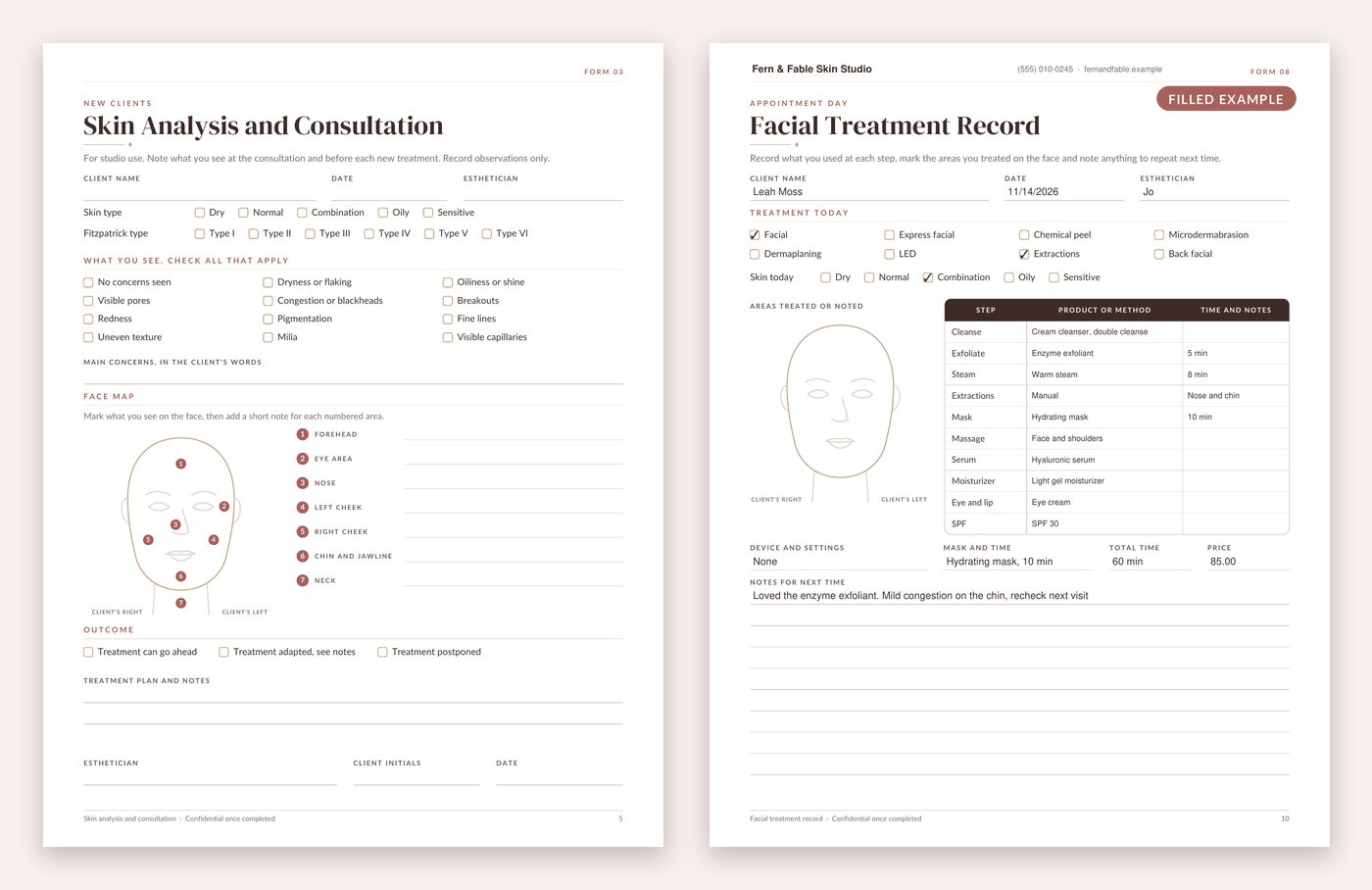 Two real pages from the Lotus and Tulip Esthetician Client Forms: a blank Skin Analysis and Consultation form with skin type, Fitzpatrick type, observation checkboxes and a numbered face map, and a Facial Treatment Record filled in with sample products for each step, marked Filled Example