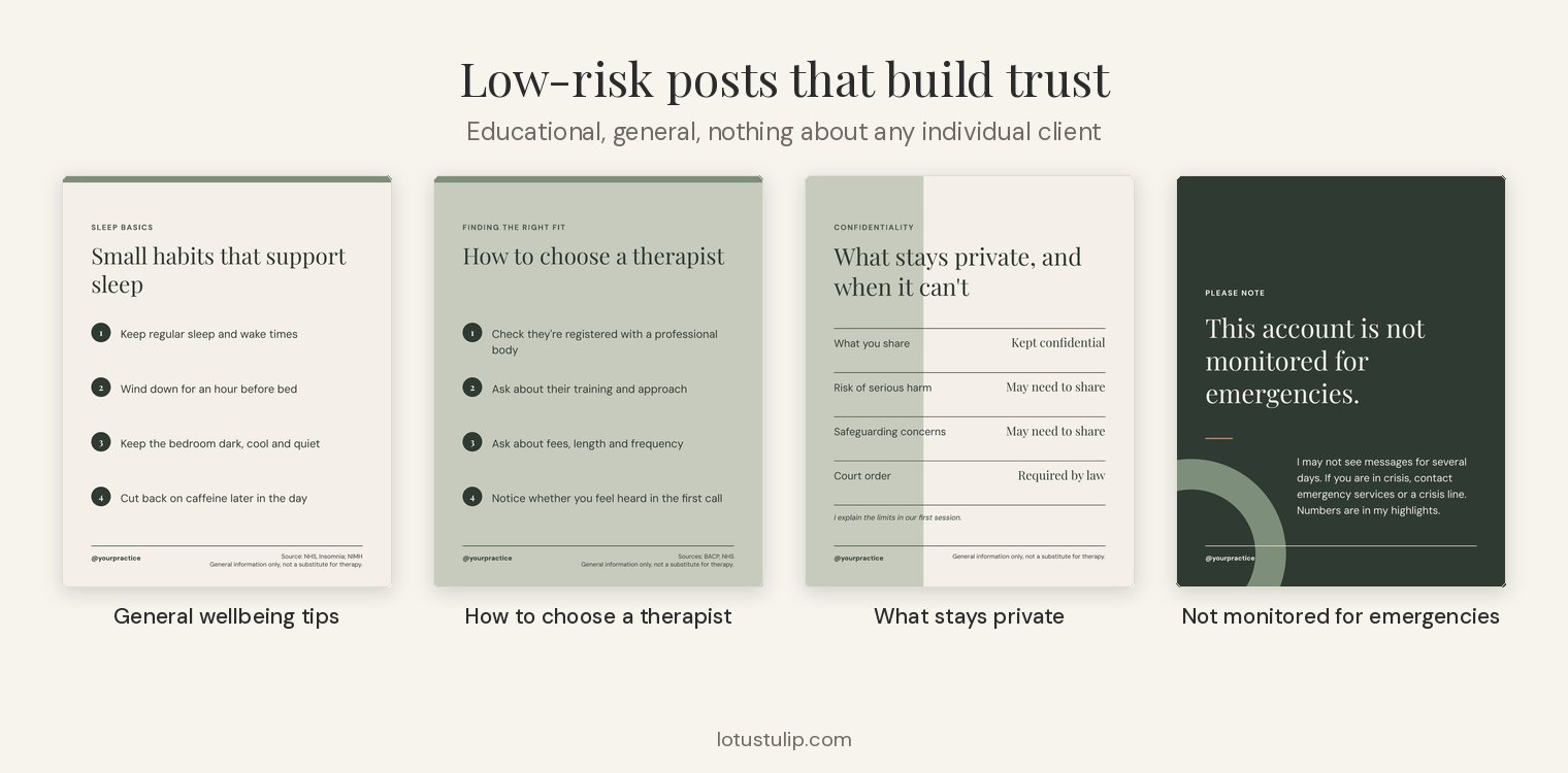 Four low-risk therapist Instagram posts: sleep habits, how to choose a therapist, what stays private and an account not monitored for emergencies notice