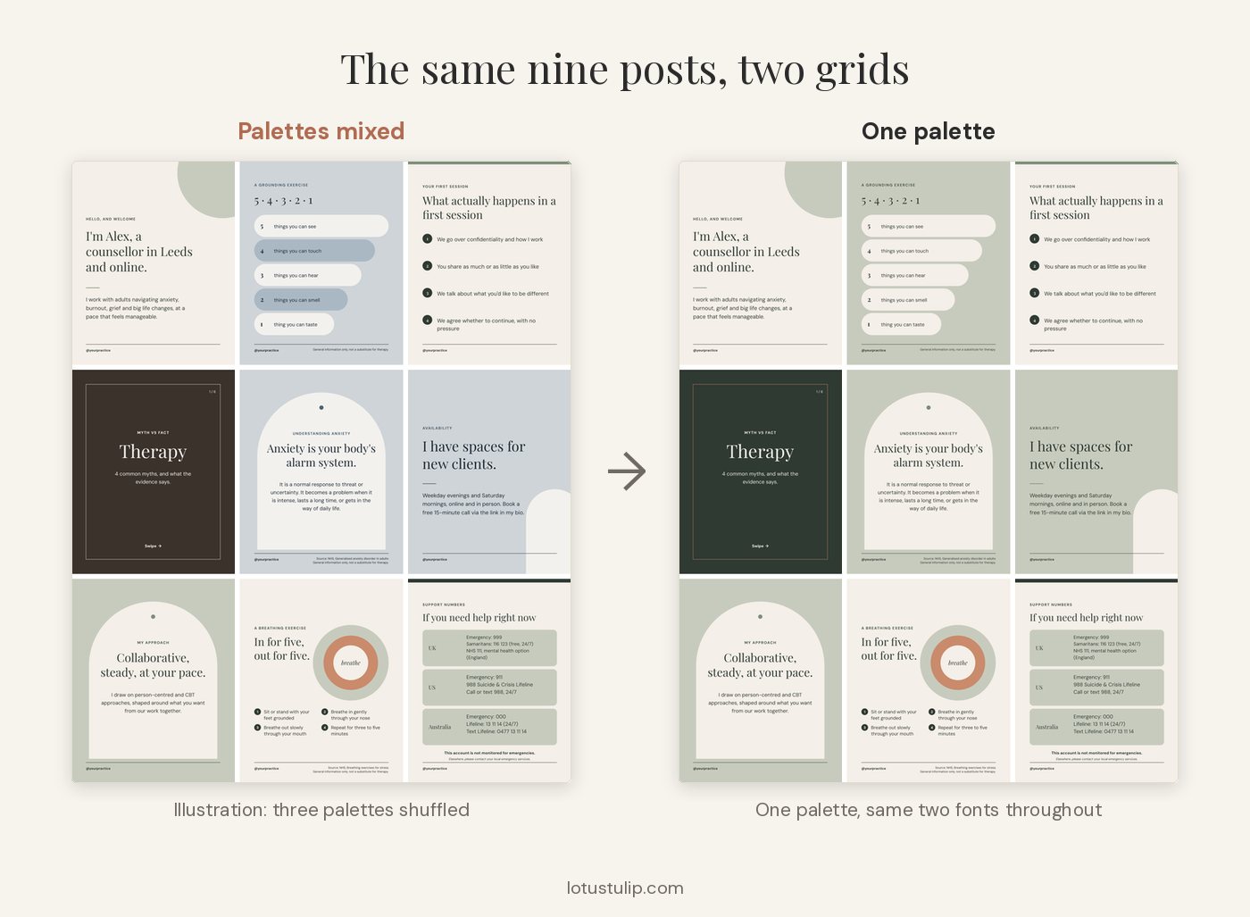 Before and after therapist Instagram grids: nine posts with palettes mixed, and the same nine posts in one sage palette