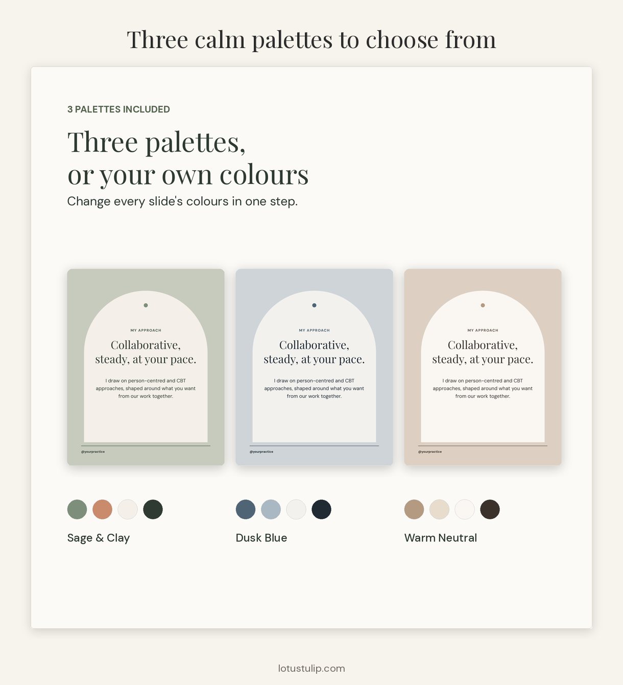 Three calm therapist Instagram palettes, Sage Clay, Dusk Blue and Warm Neutral, with swatches