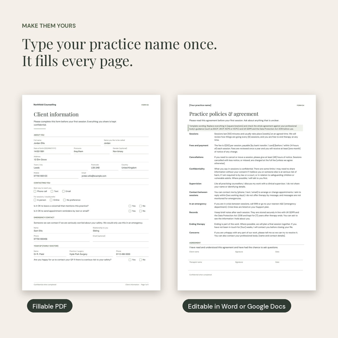 A therapy client information form filled in as a fillable PDF beside a practice policies agreement open as an editable Word document
