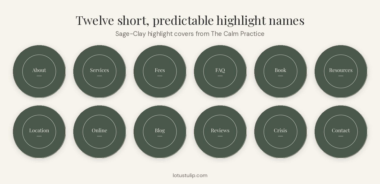 Twelve sage therapist Instagram highlight covers: About, Services, Fees, FAQ, Book, Resources, Location, Online, Blog, Reviews, Crisis and Contact