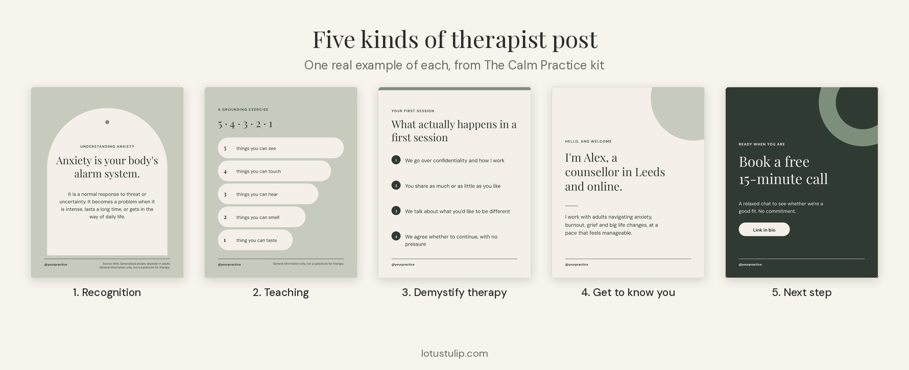 Five types of therapist Instagram post: recognition, teaching, demystifying therapy, get to know you and next step, shown as five sage Calm Practice posts