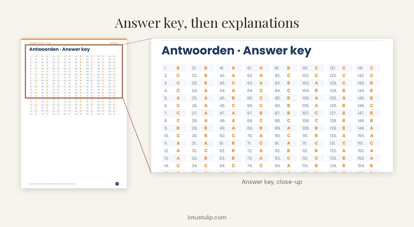 Antwoordenblad uit het KNM Practice Pack, van dichtbij, om fouten per thema terug te vinden