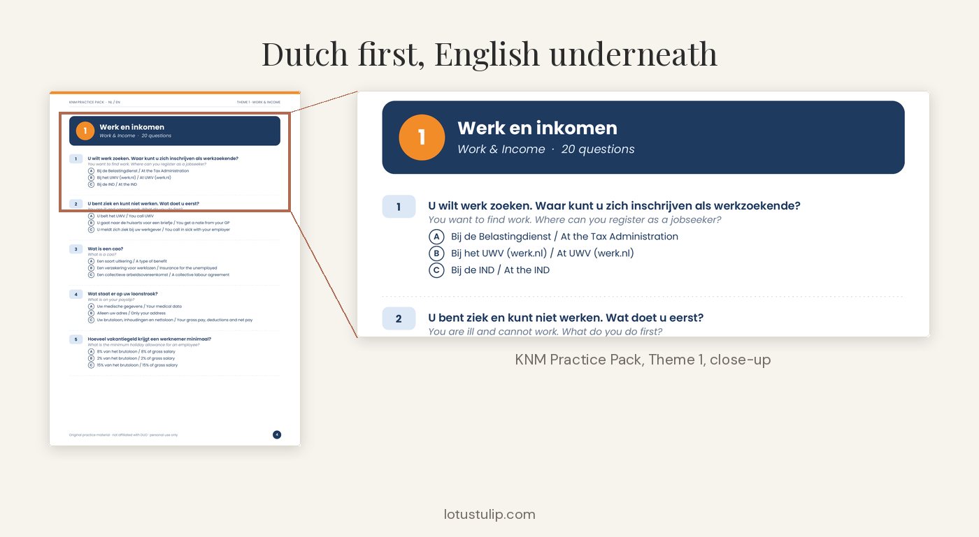 Oefenvraag over het thema Werk en inkomen, in het Nederlands met een Engelse vertaling eronder