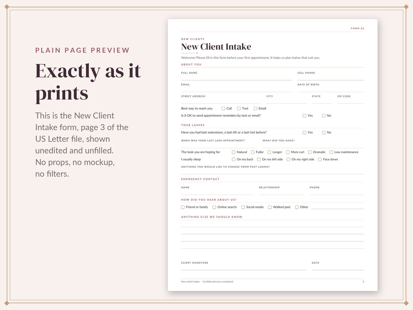 Plain, unedited page preview of the New Client Intake form from the Lotus and Tulip Lash Extension Client Forms, with sections for contact details, lash history, the look the client is hoping for, emergency contact and signature