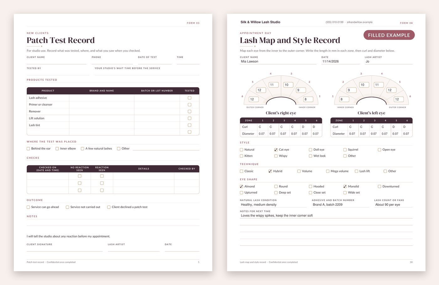 Two real pages from the Lotus and Tulip Lash Extension Client Forms: a blank Patch Test Record with products tested, batch numbers and checks, and a Lash Map and Style Record filled in with sample lengths, curls and diameters and marked Filled Example
