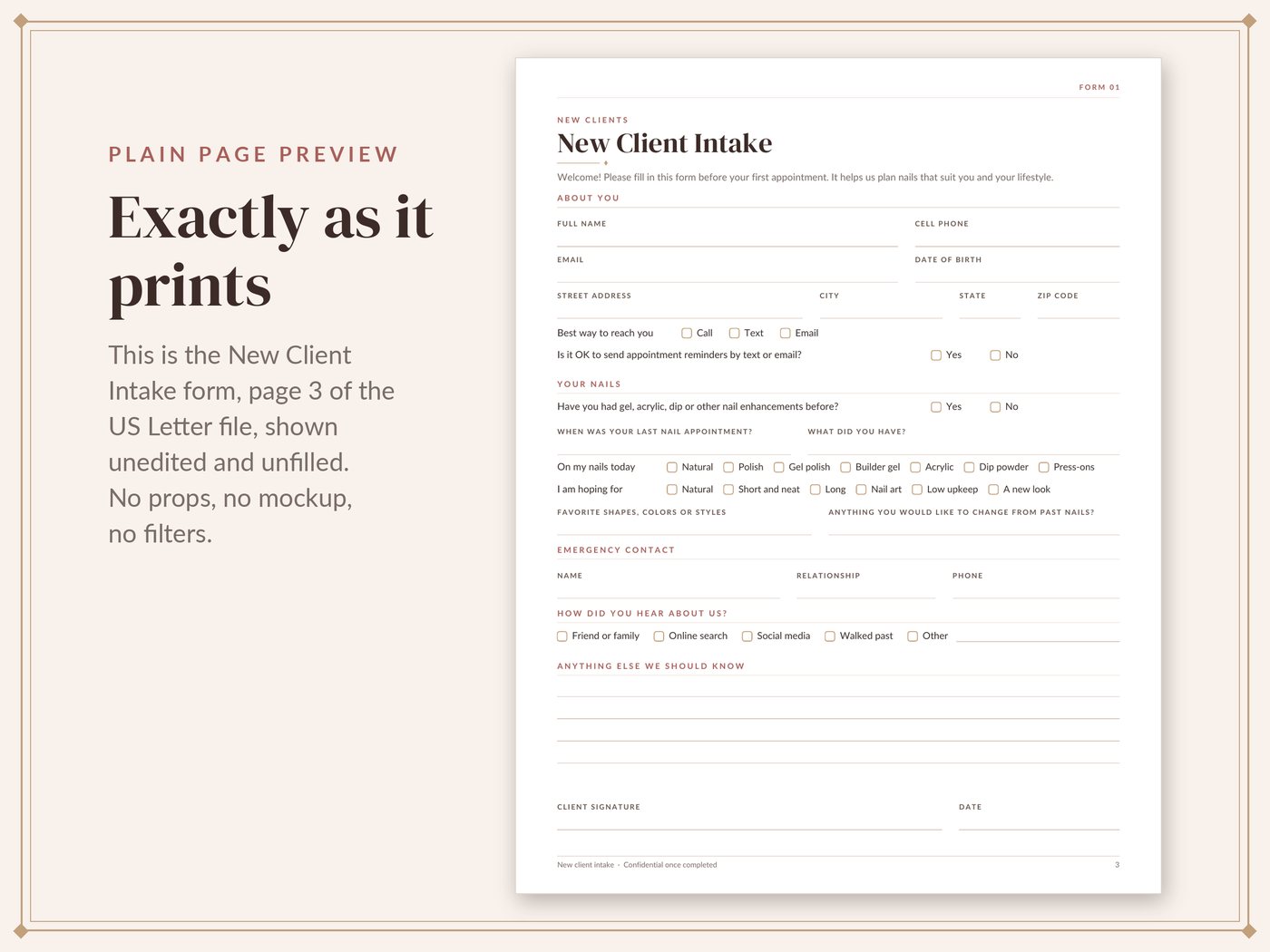 Plain, unedited page preview of the New Client Intake form from the Lotus and Tulip Nail Technician Client Forms, with sections for contact details, nail history, what is on the nails today, the look the client is hoping for, emergency contact and signature