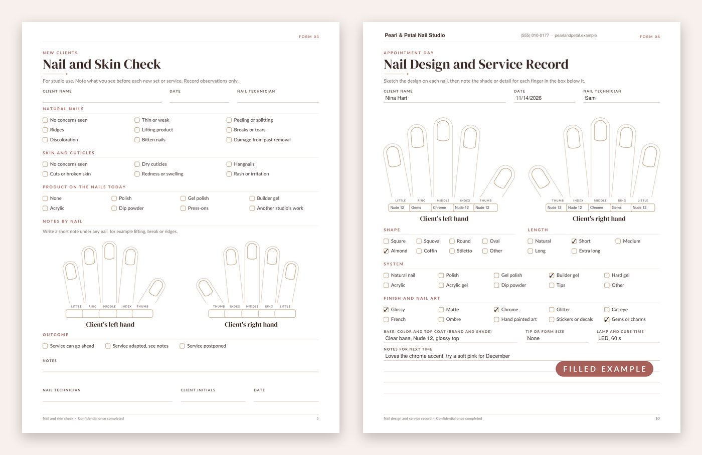 Two real pages from the Lotus and Tulip Nail Technician Client Forms: a blank Nail and Skin Check with natural nail, skin and cuticle checkboxes and a hand diagram, and a Nail Design and Service Record filled in with sample shades per finger, shape, system and finish, marked Filled Example