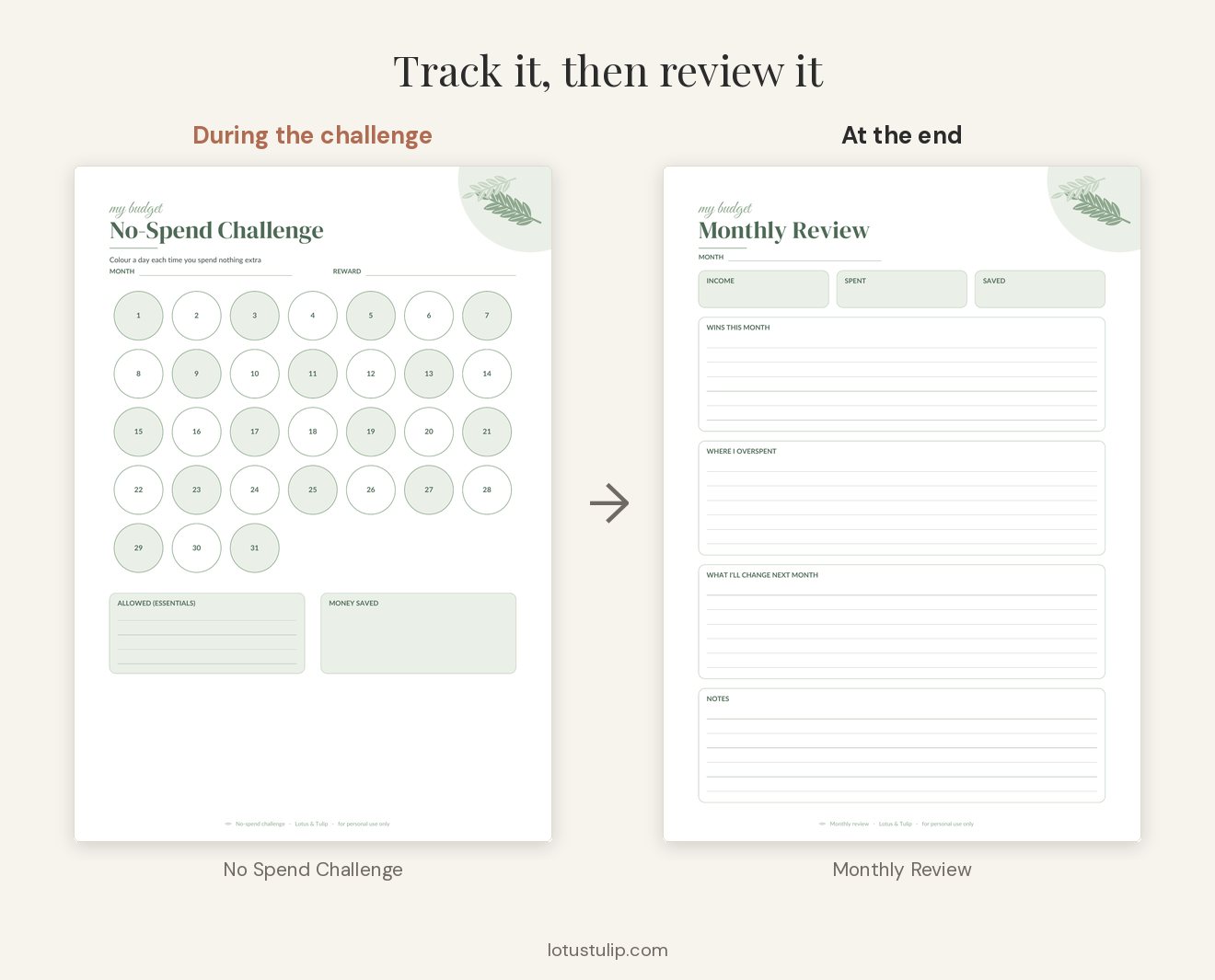 No spend challenge tracker next to a Monthly Review page for after the challenge