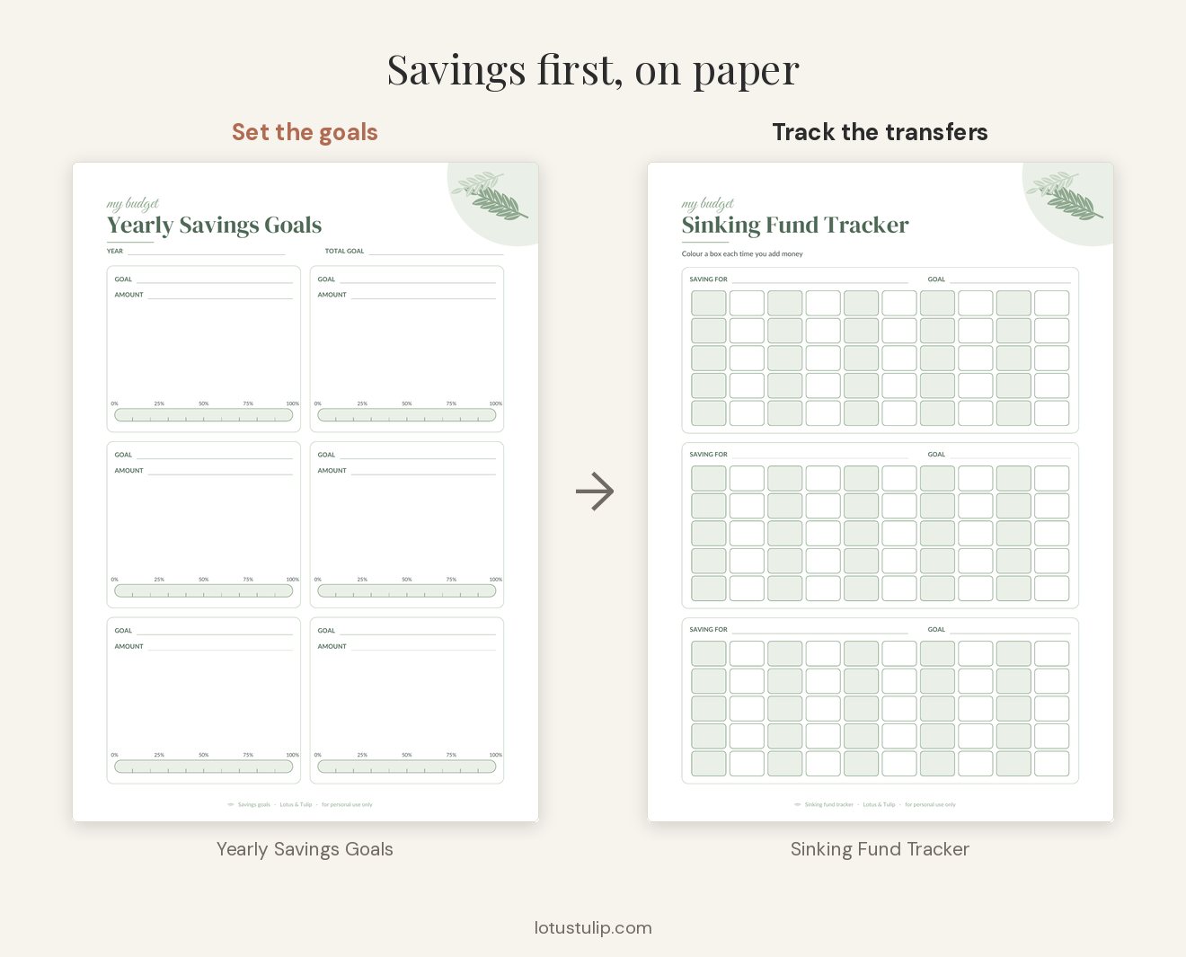 Pay yourself first printables: Yearly Savings Goals page and a Sinking Fund Tracker