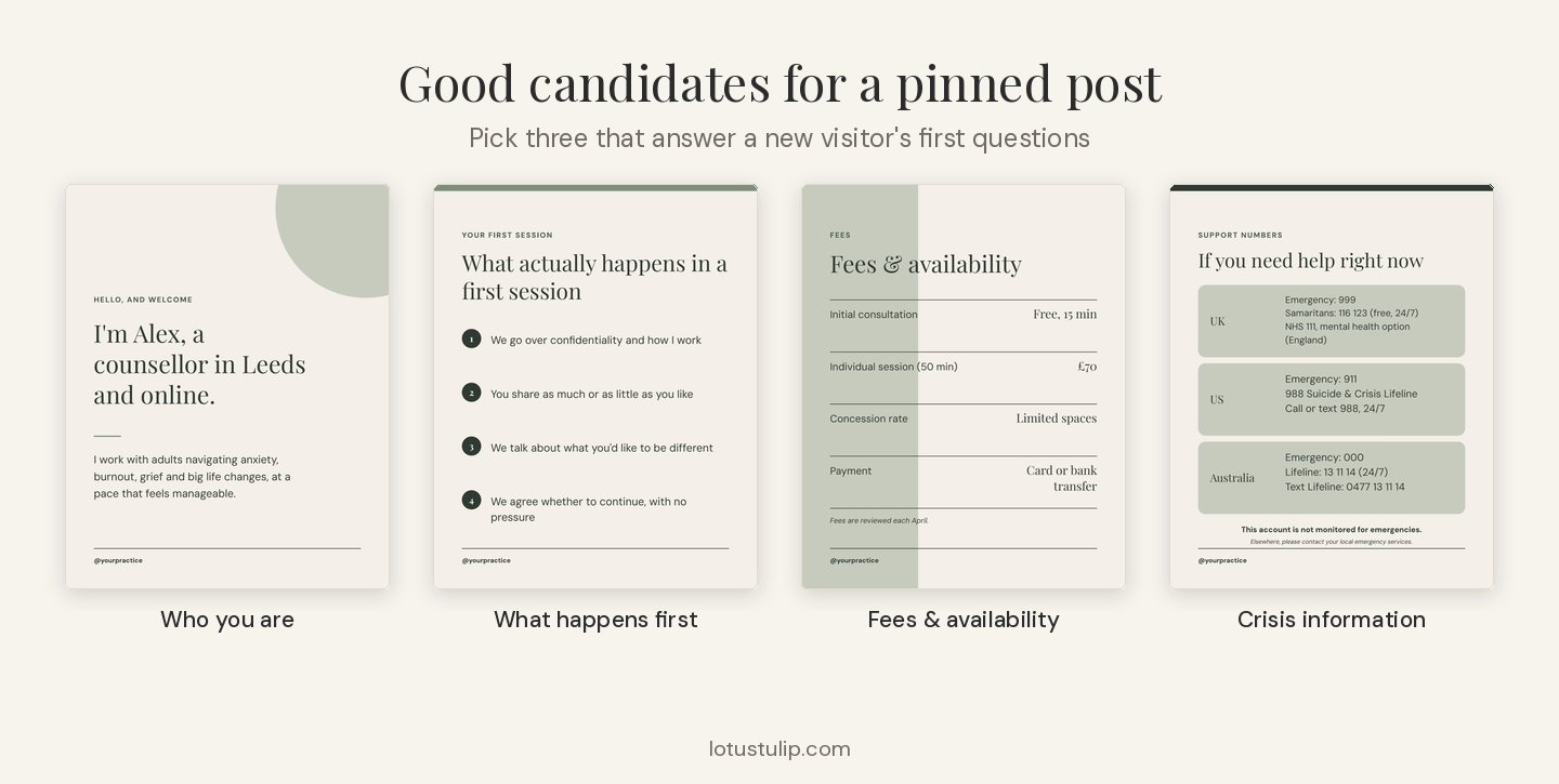 Four candidate therapist pinned posts: introduction, first session, fees and availability, and crisis information