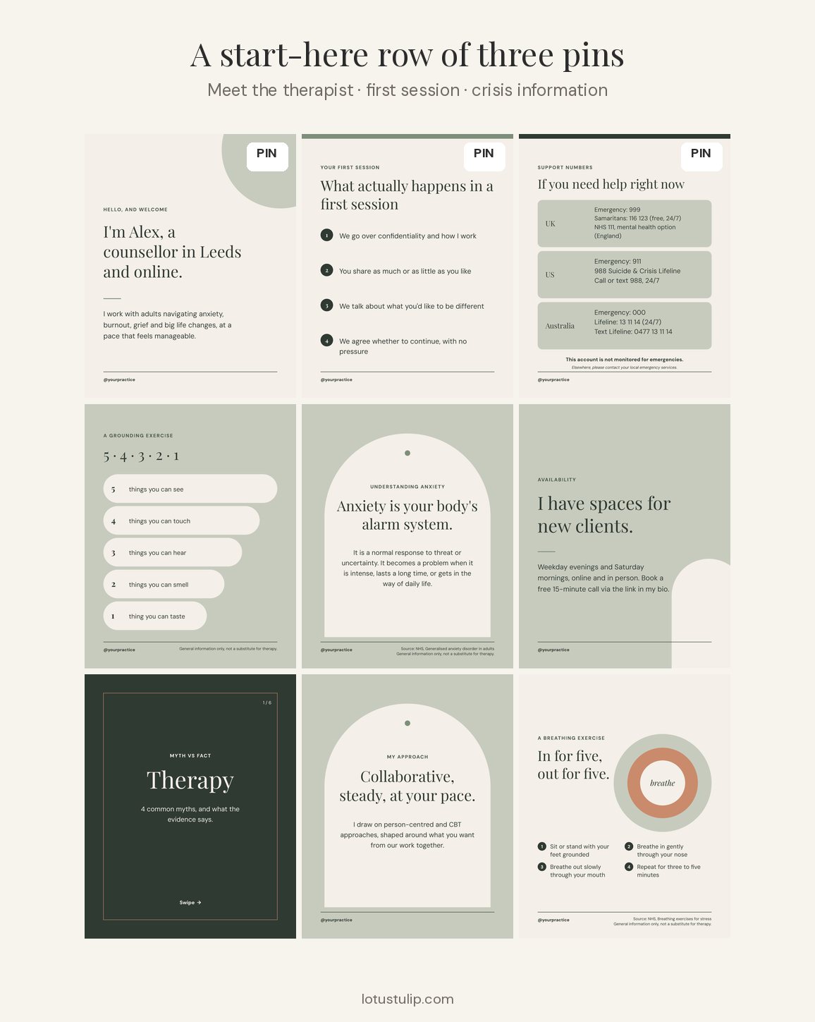 Therapist Instagram profile grid with three pinned posts on the top row: meet the therapist, what happens in a first session and crisis information