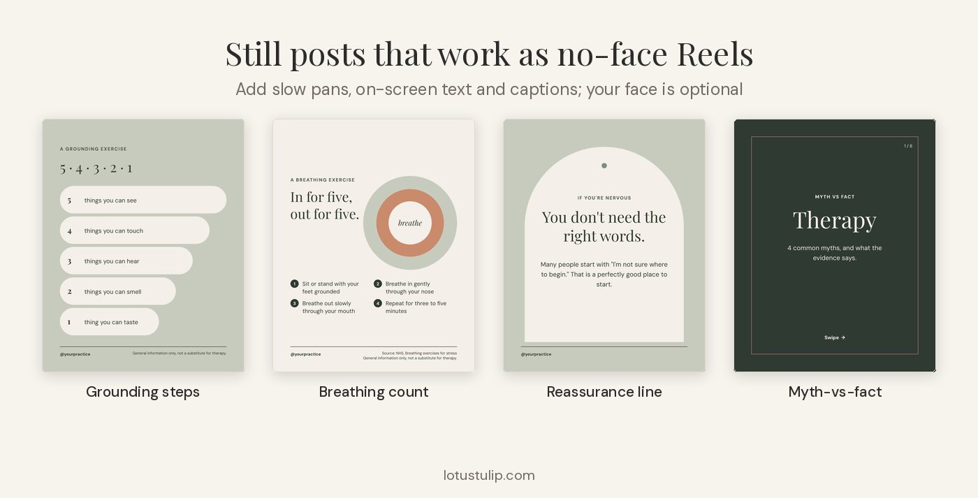 Four calm therapist posts that can become no-face Instagram Reels: grounding steps, breathing count, a reassurance line and a myth-vs-fact cover