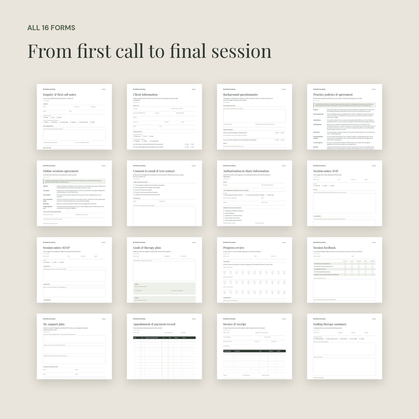 Overview of 16 therapist intake and practice forms including DAP and SOAP session notes, in The Calm Practice Client Forms