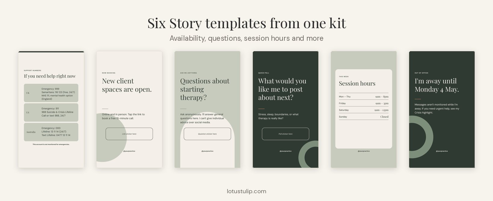 Six therapist Instagram Story templates: new client spaces, questions about starting therapy, session hours, what would you like to hear about and more