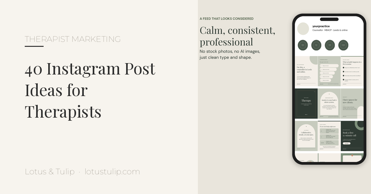 Instagram post ideas for therapists: phone mockup of a calm sage and charcoal therapist Instagram feed