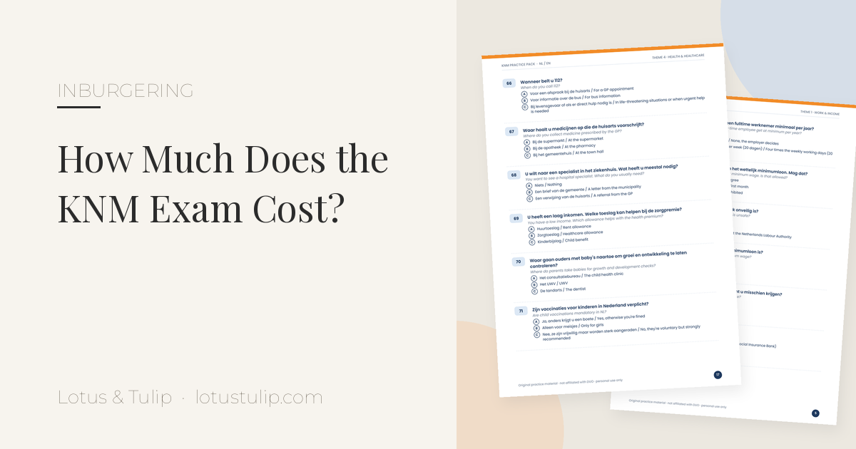 KNM exam cost guide: title card with KNM Practice Pack bilingual practice questions, Dutch inburgering exam fees and booking