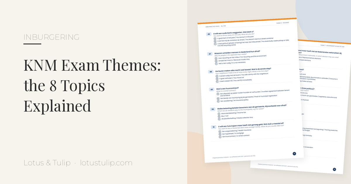 KNM exam themes explained: KNM Practice Pack pages with bilingual Dutch and English questions on housing and government, for the Dutch inburgering exam