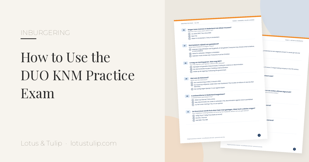 KNM practice exam walkthrough: title card with KNM Practice Pack bilingual pages, how to use DUO oefenexamen A2 KNM 1 and 2