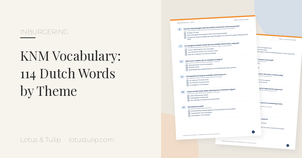 KNM vocabulary list: KNM Practice Pack pages with bilingual Dutch and English questions on work, income and healthcare, for the Dutch inburgering exam