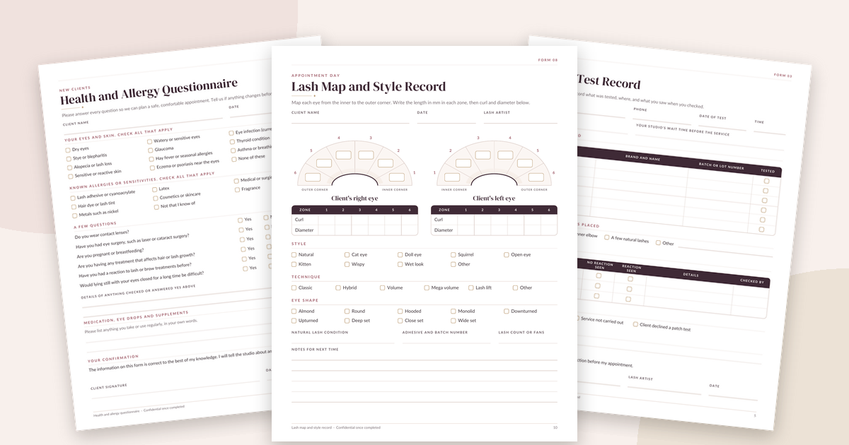 Lash extension client forms: printable Health and Allergy Questionnaire, Lash Map and Style Record and Patch Test Record pages from the Lotus & Tulip Lash Extension Client Forms