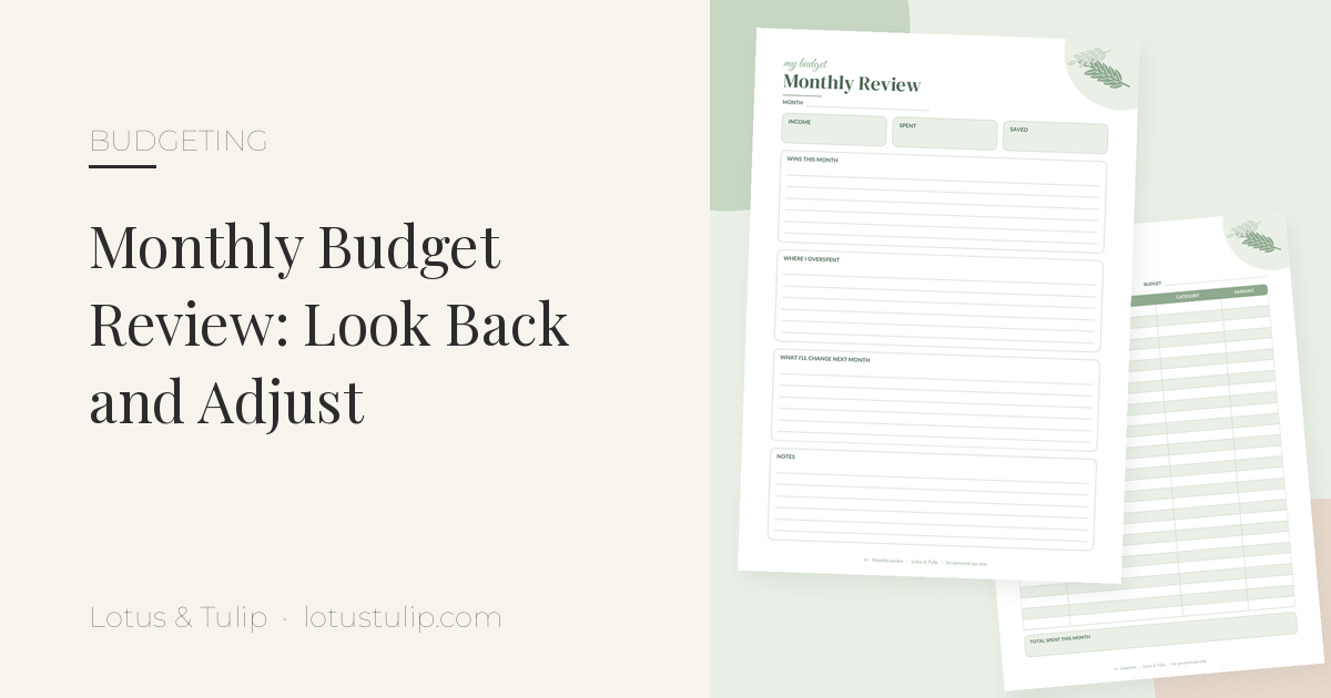 Monthly budget review printables: sage green Monthly Review page with income, spent and saved boxes plus wins, overspent and next-month change sections, next to an Expense Tracker from the Lotus & Tulip Cash Budget Bundle