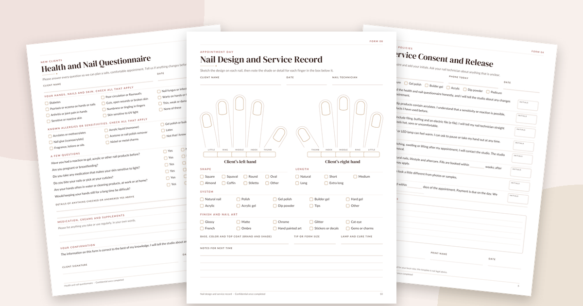 Nail technician client forms: printable Health and Nail Questionnaire, Nail Design and Service Record and Nail Service Consent pages from the Lotus & Tulip Nail Technician Client Forms