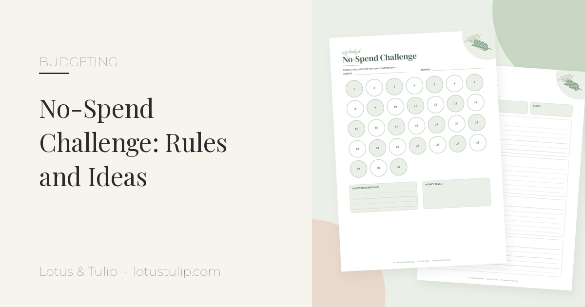 No-spend challenge printable: sage green tracker with 31 day circles, allowed essentials and money saved boxes, next to a monthly review page, from the Lotus & Tulip Cash Budget Bundle