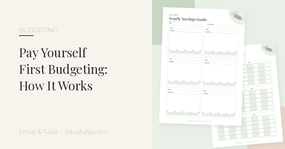 Pay yourself first budgeting printables: sage green Yearly Savings Goals and Sinking Fund Tracker pages from the Lotus & Tulip Cash Budget Bundle