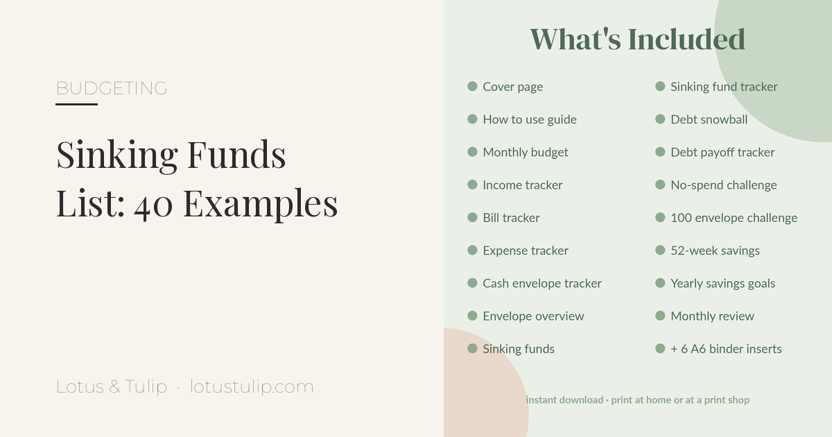 Sinking funds list: 40 examples with a sage green cash budget bundle showing sinking funds overview and tracker pages