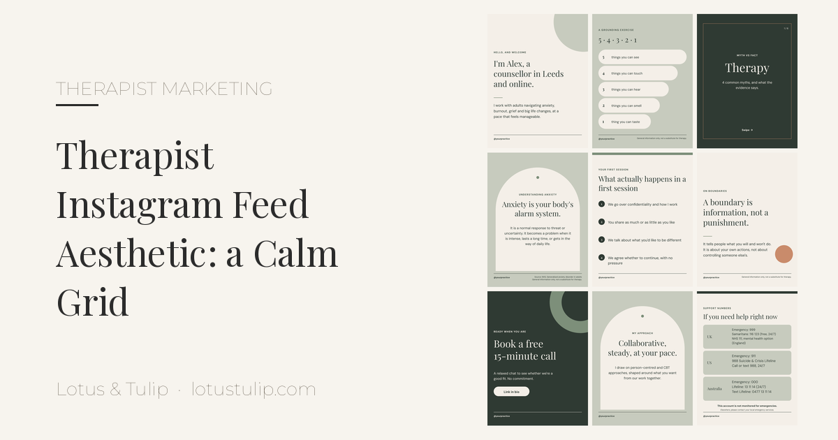 Therapist Instagram feed aesthetic: a calm 3 by 3 grid of sage, cream and deep green therapist posts on grounding, anxiety, first sessions, boundaries, booking and crisis support, from The Calm Practice kit